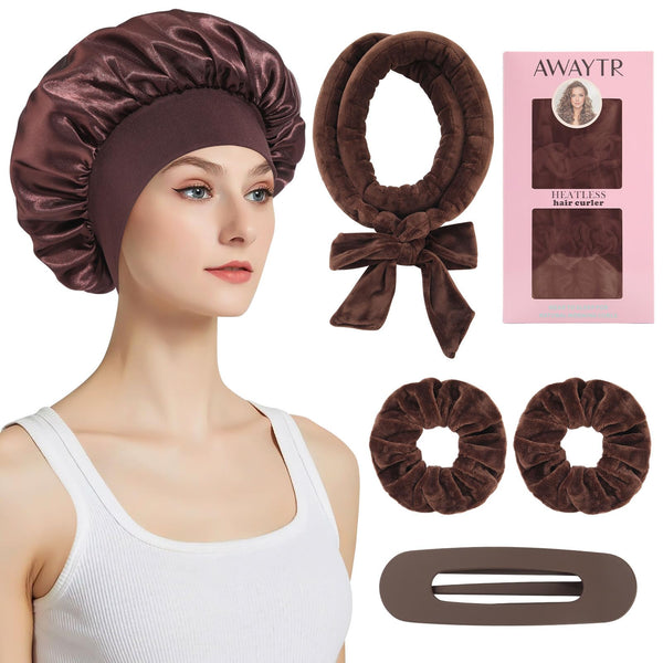 Velvet Heatless Hair Curler Set - 5Pcs No Heat Curlers for Heatless Curls Overnight Hair Curlers to Sleep In for Curls Heatless Curling Set with Scrunchies Clip and Satin Bonnet (Deep Pink)